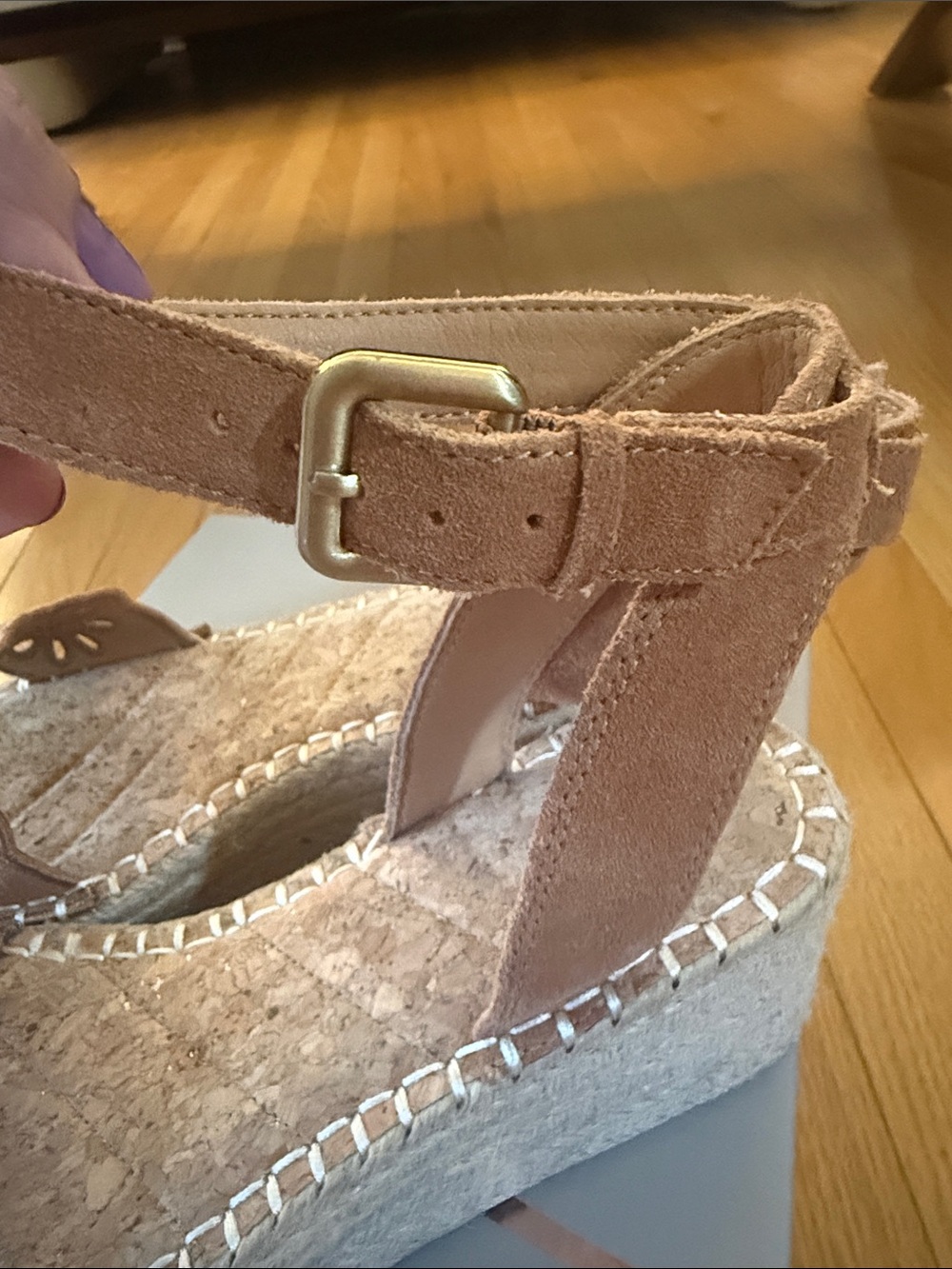 Crown Vintage Tan Suede Laser-Cut Espadrille Wedge Sandals - Picture 6 of 7